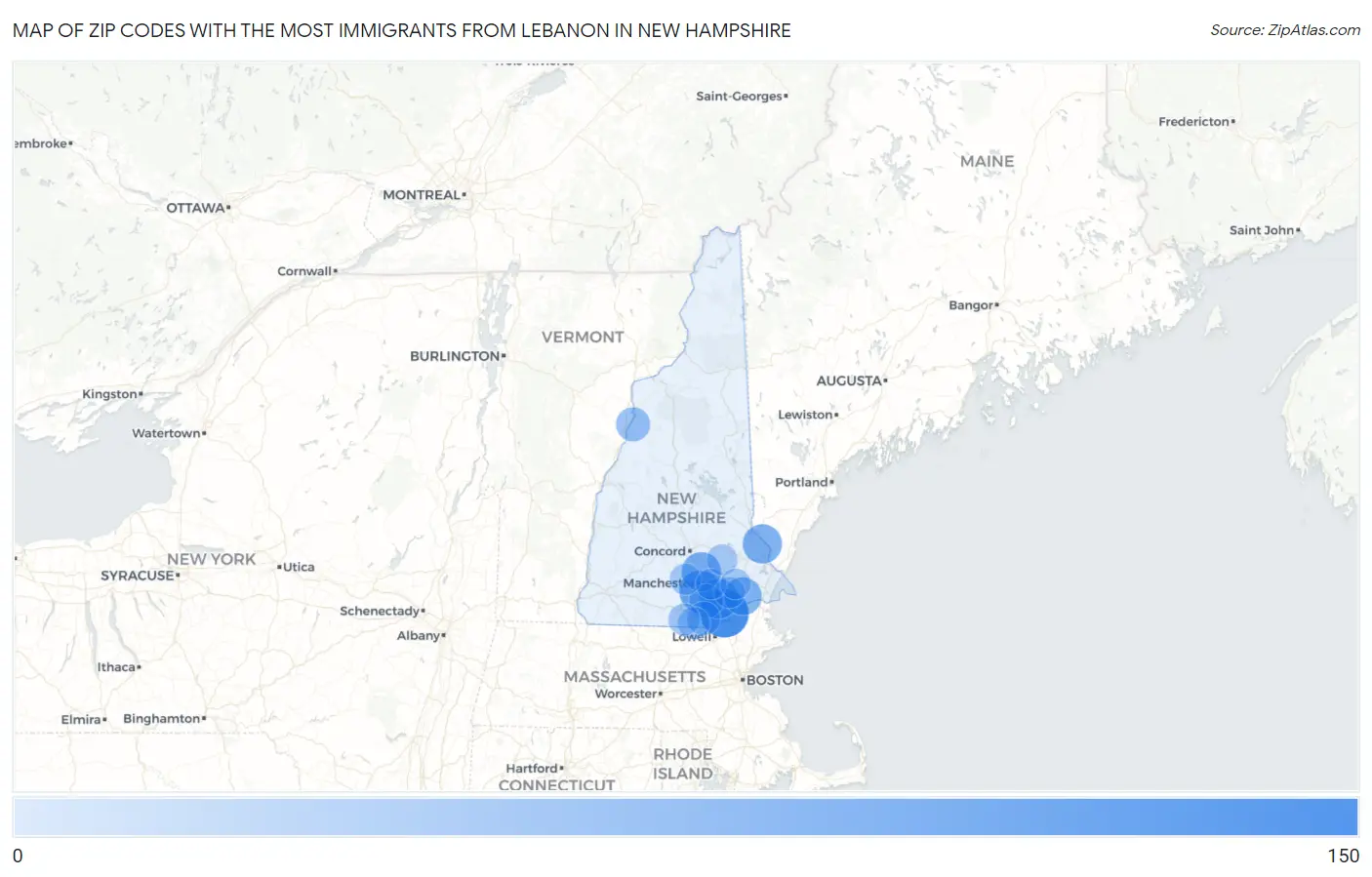 Zip Codes with the Most Immigrants from Lebanon in New Hampshire Map