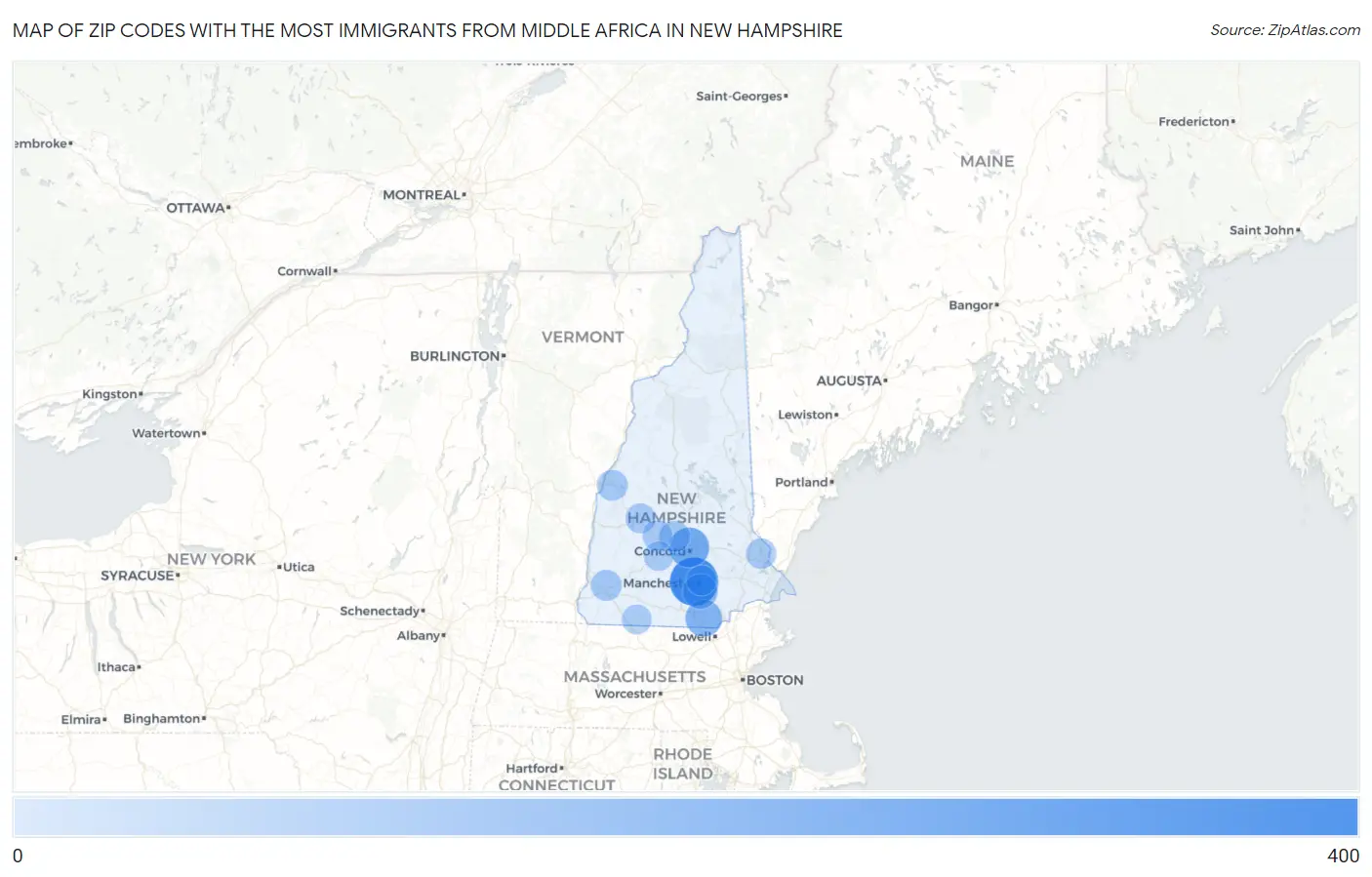 Zip Codes with the Most Immigrants from Middle Africa in New Hampshire Map