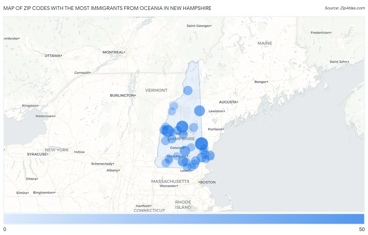 Zip Codes with the Most Immigrants from Oceania in New Hampshire Map
