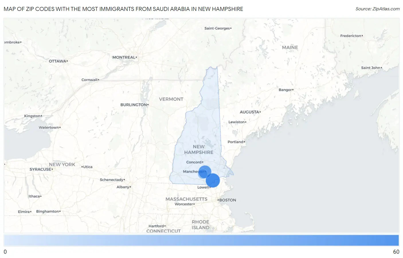Zip Codes with the Most Immigrants from Saudi Arabia in New Hampshire Map