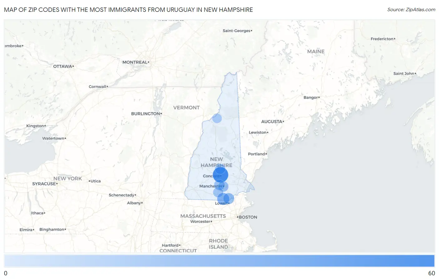 Zip Codes with the Most Immigrants from Uruguay in New Hampshire Map