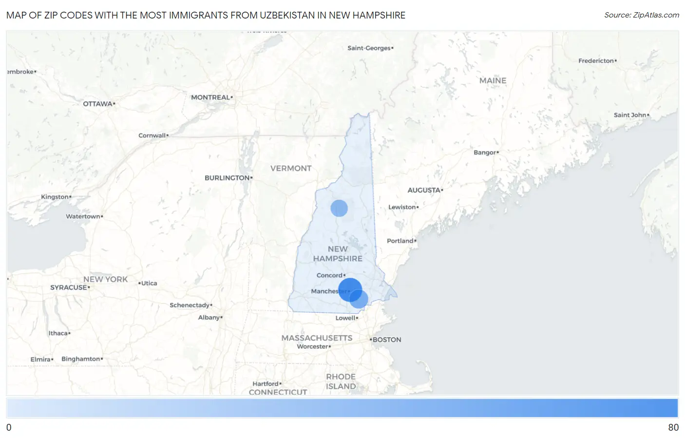 Zip Codes with the Most Immigrants from Uzbekistan in New Hampshire Map