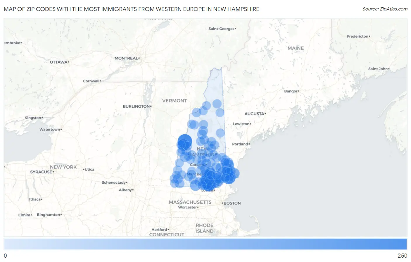 Zip Codes with the Most Immigrants from Western Europe in New Hampshire Map