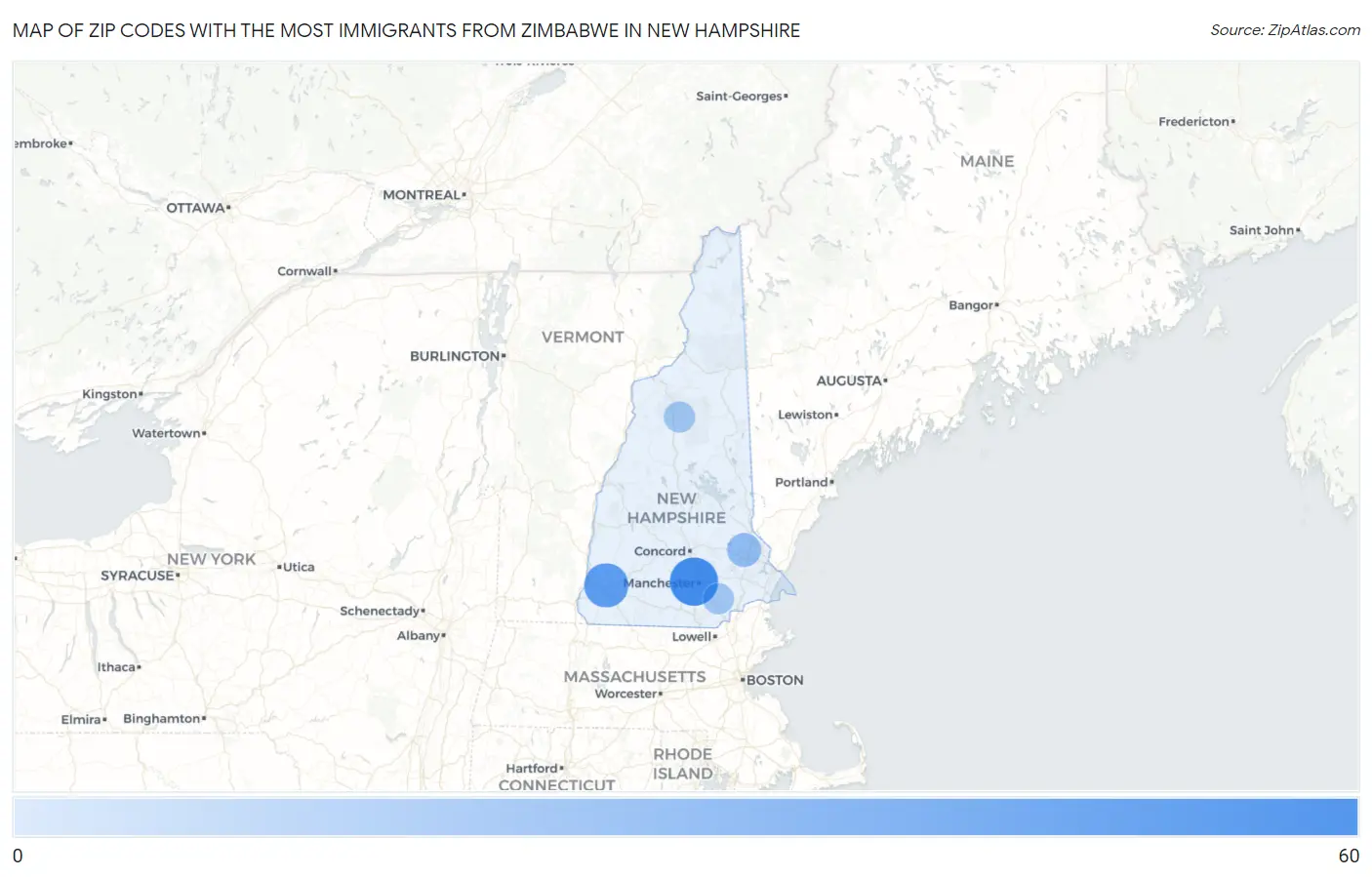 Zip Codes with the Most Immigrants from Zimbabwe in New Hampshire Map