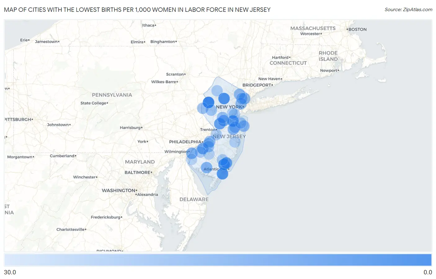 Cities with the Lowest Births per 1,000 Women in Labor Force in New Jersey Map