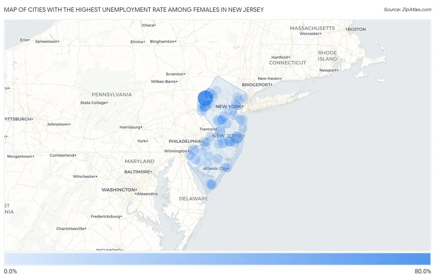 Cities with the Highest Unemployment Rate Among Females in New Jersey Map