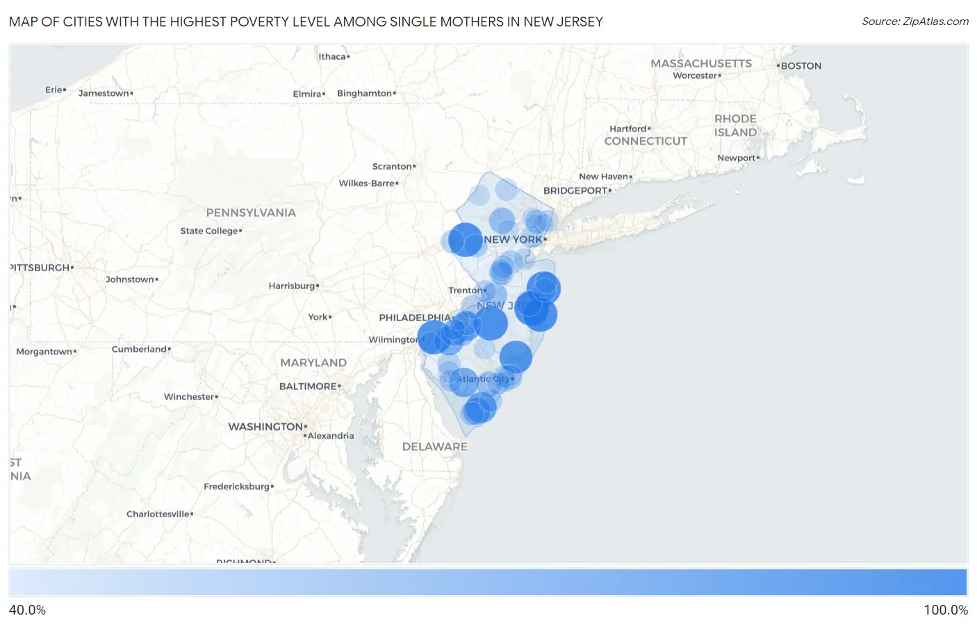 Cities with the Highest Poverty Level Among Single Mothers in New Jersey Map