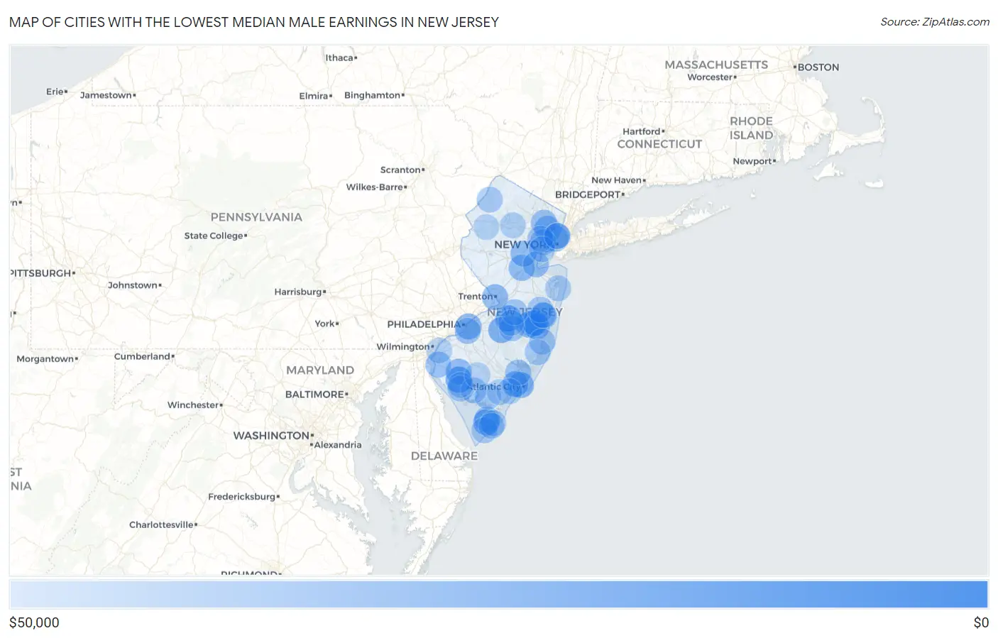 Cities with the Lowest Median Male Earnings in New Jersey Map