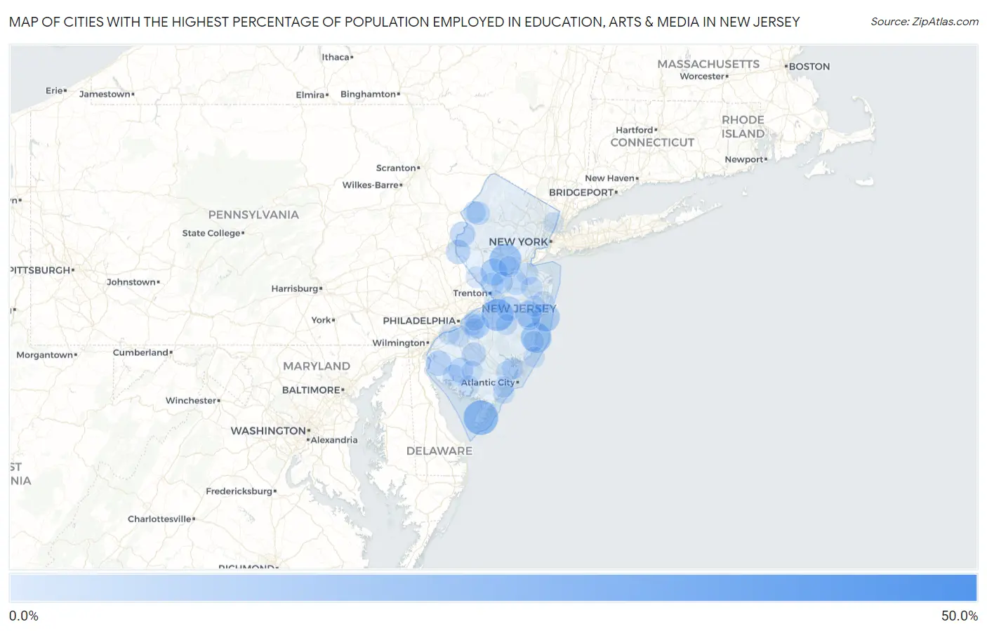 Cities with the Highest Percentage of Population Employed in Education, Arts & Media in New Jersey Map