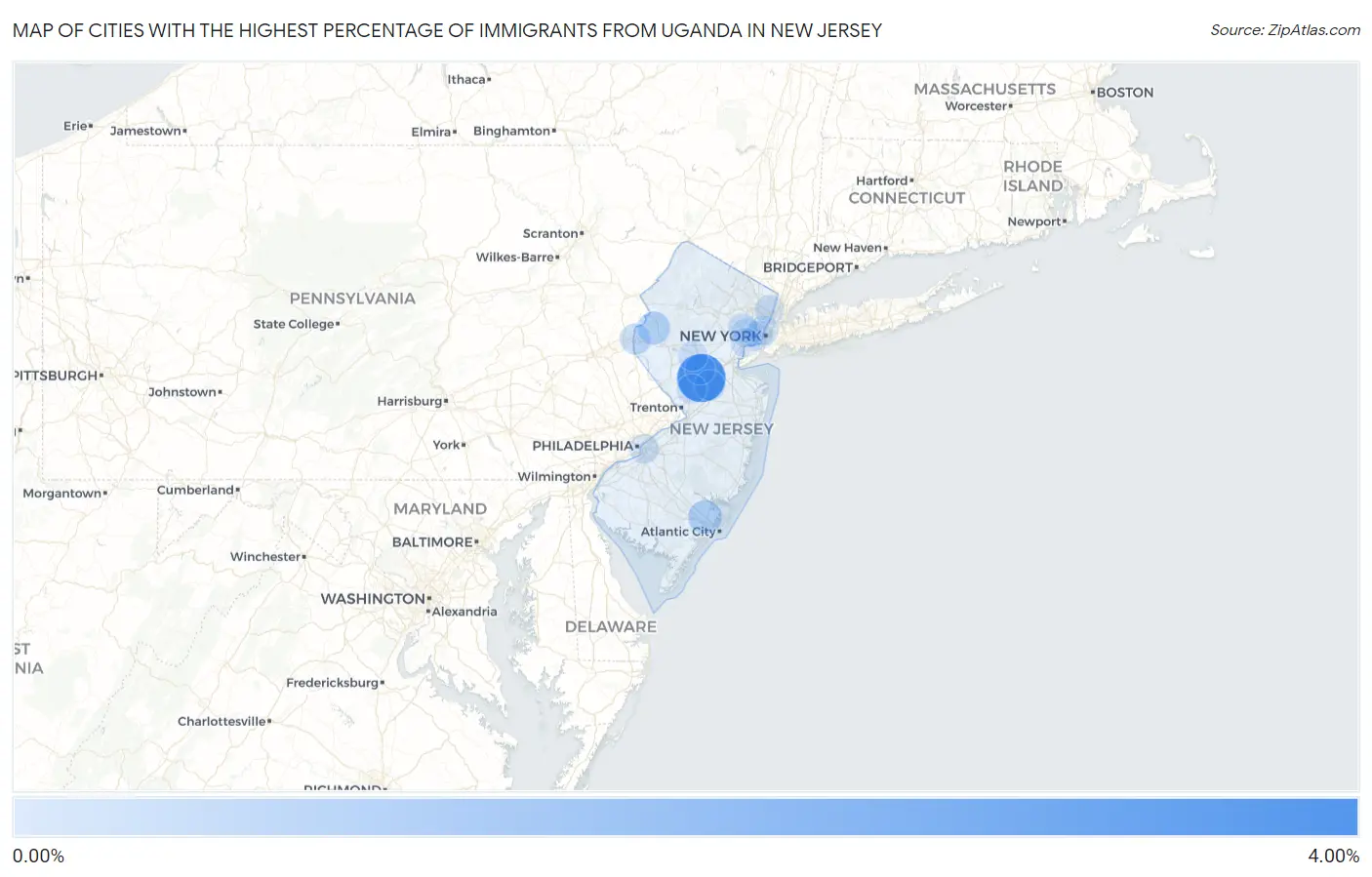 Cities with the Highest Percentage of Immigrants from Uganda in New Jersey Map