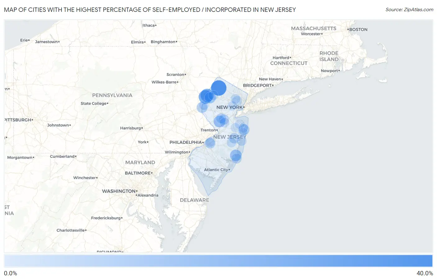 Cities with the Highest Percentage of Self-Employed / Incorporated in New Jersey Map