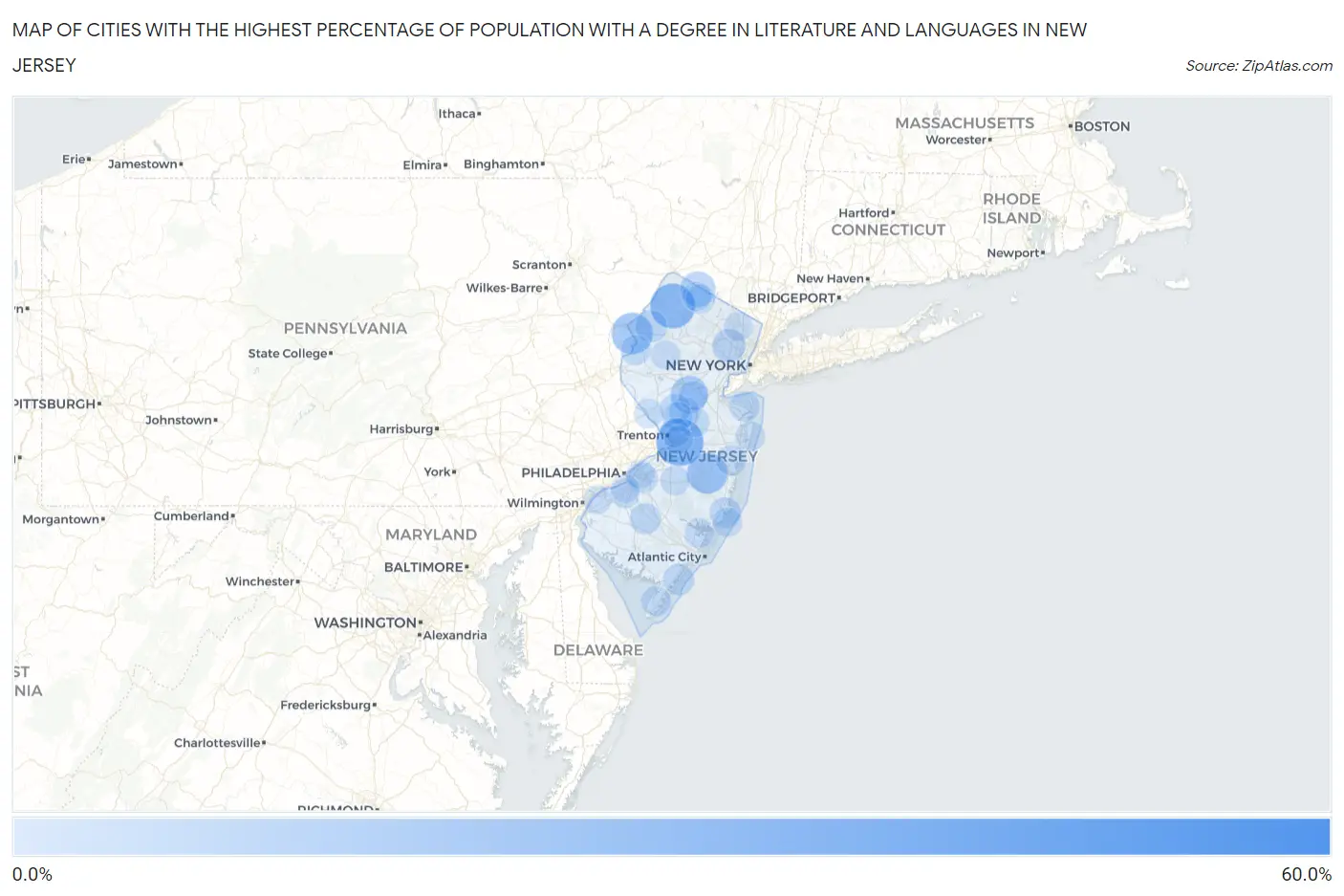 Cities with the Highest Percentage of Population with a Degree in Literature and Languages in New Jersey Map