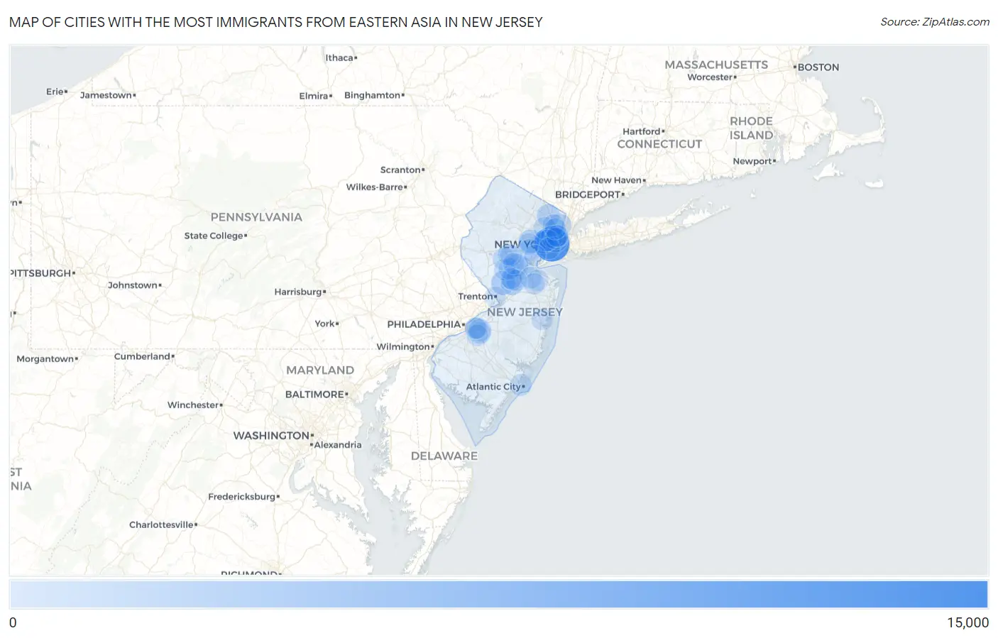 Cities with the Most Immigrants from Eastern Asia in New Jersey Map