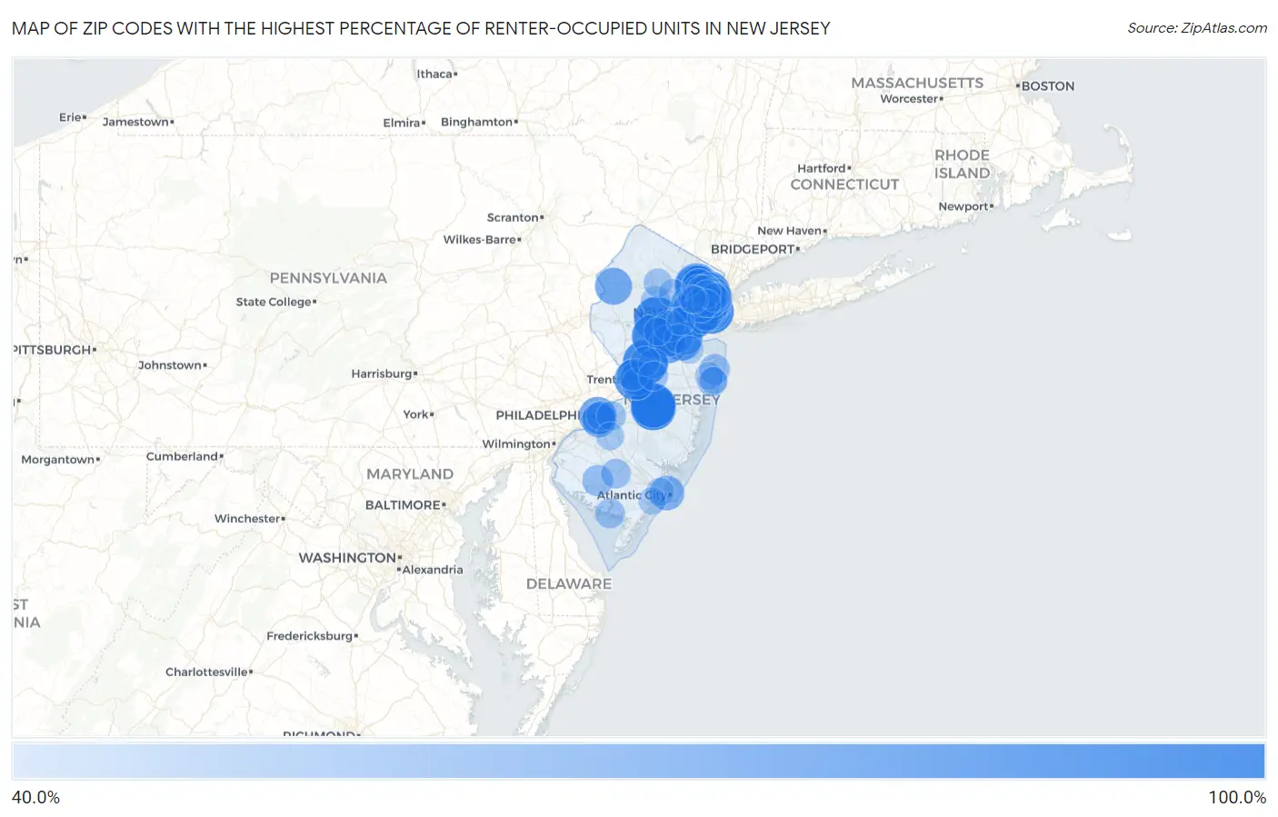 Zip Codes with the Highest Percentage of Renter-Occupied Units in New Jersey Map