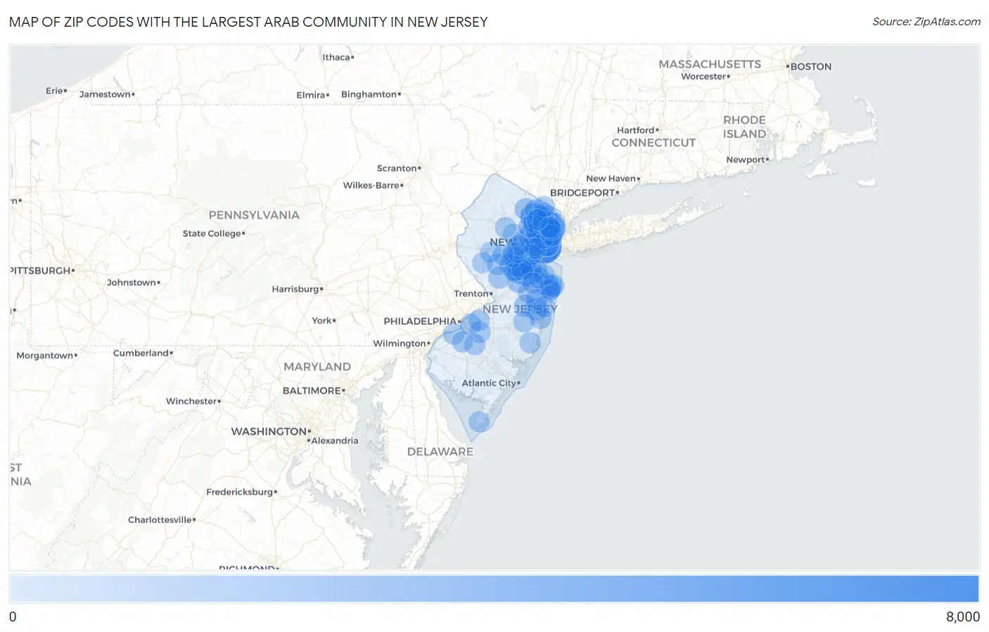 Zip Codes with the Largest Arab Community in New Jersey Map