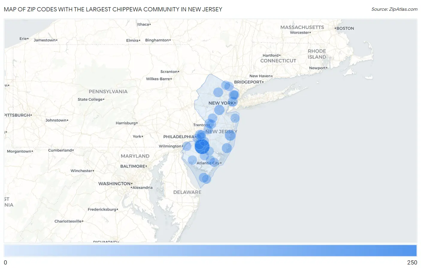 Zip Codes with the Largest Chippewa Community in New Jersey Map
