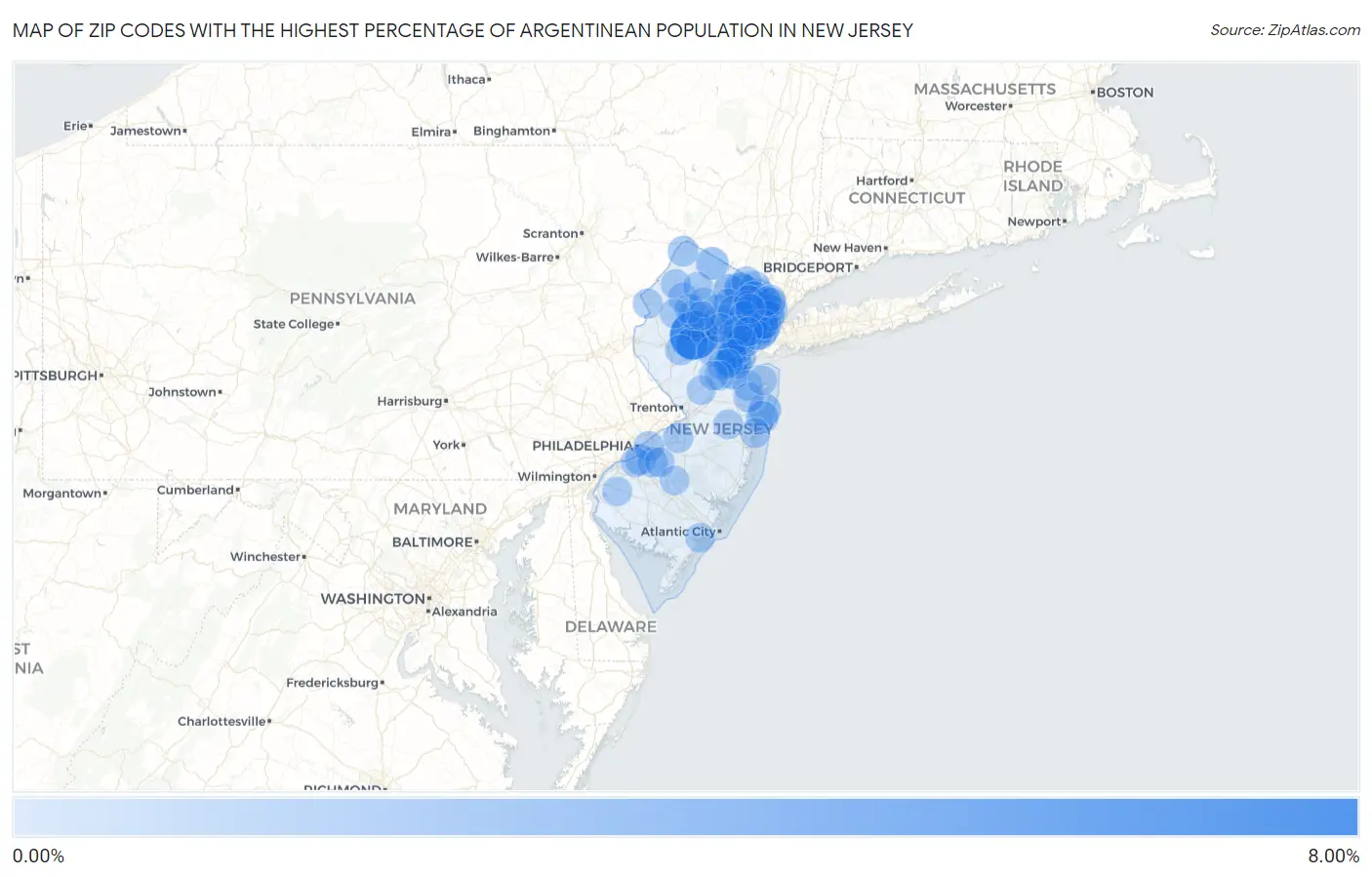 Zip Codes with the Highest Percentage of Argentinean Population in New Jersey Map