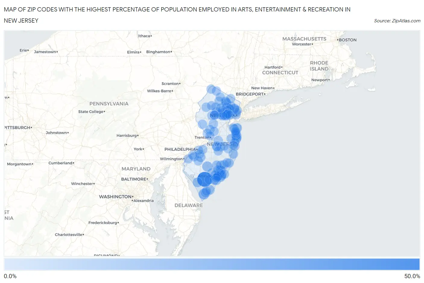 Zip Codes with the Highest Percentage of Population Employed in Arts, Entertainment & Recreation in New Jersey Map