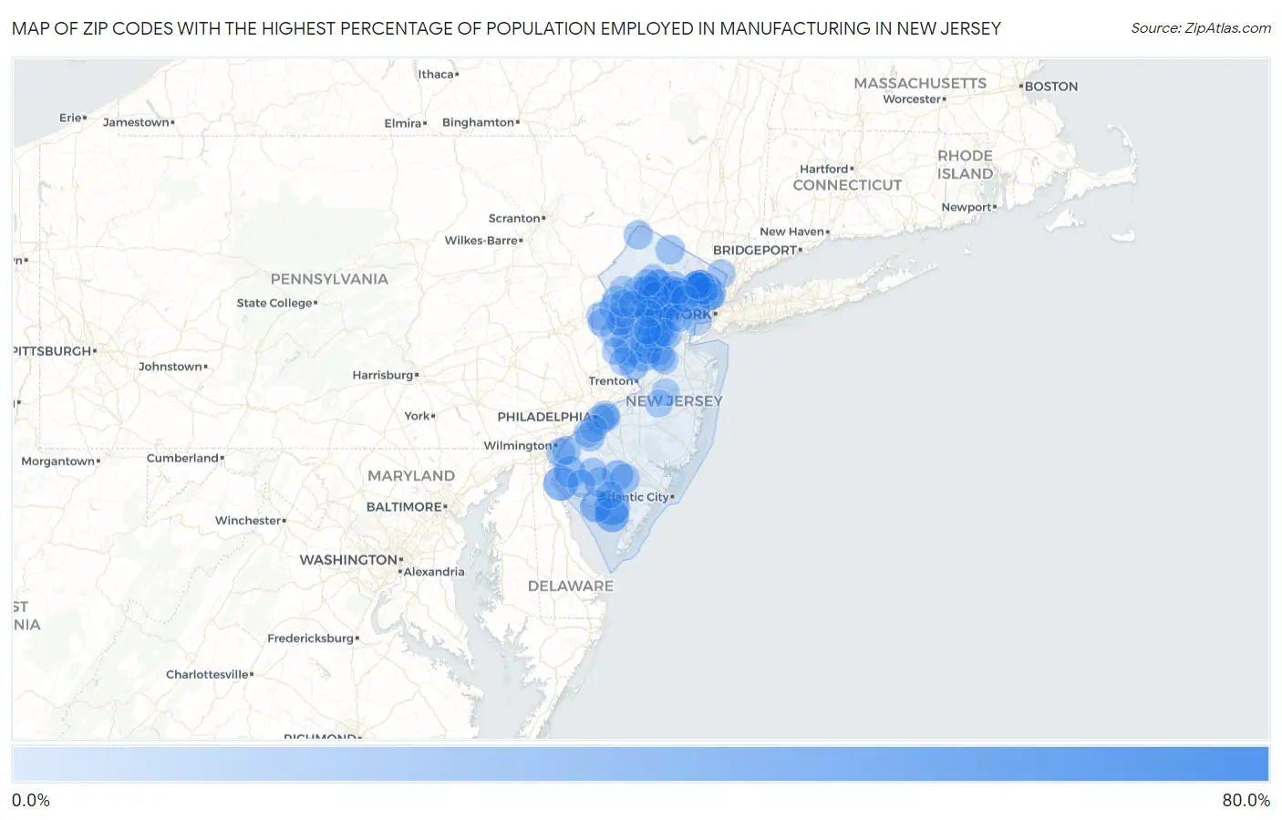 Zip Codes with the Highest Percentage of Population Employed in Manufacturing in New Jersey Map
