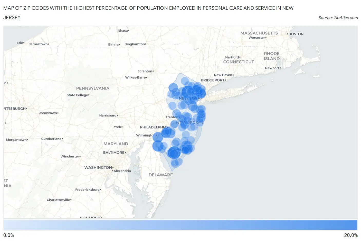 Zip Codes with the Highest Percentage of Population Employed in Personal Care and Service in New Jersey Map
