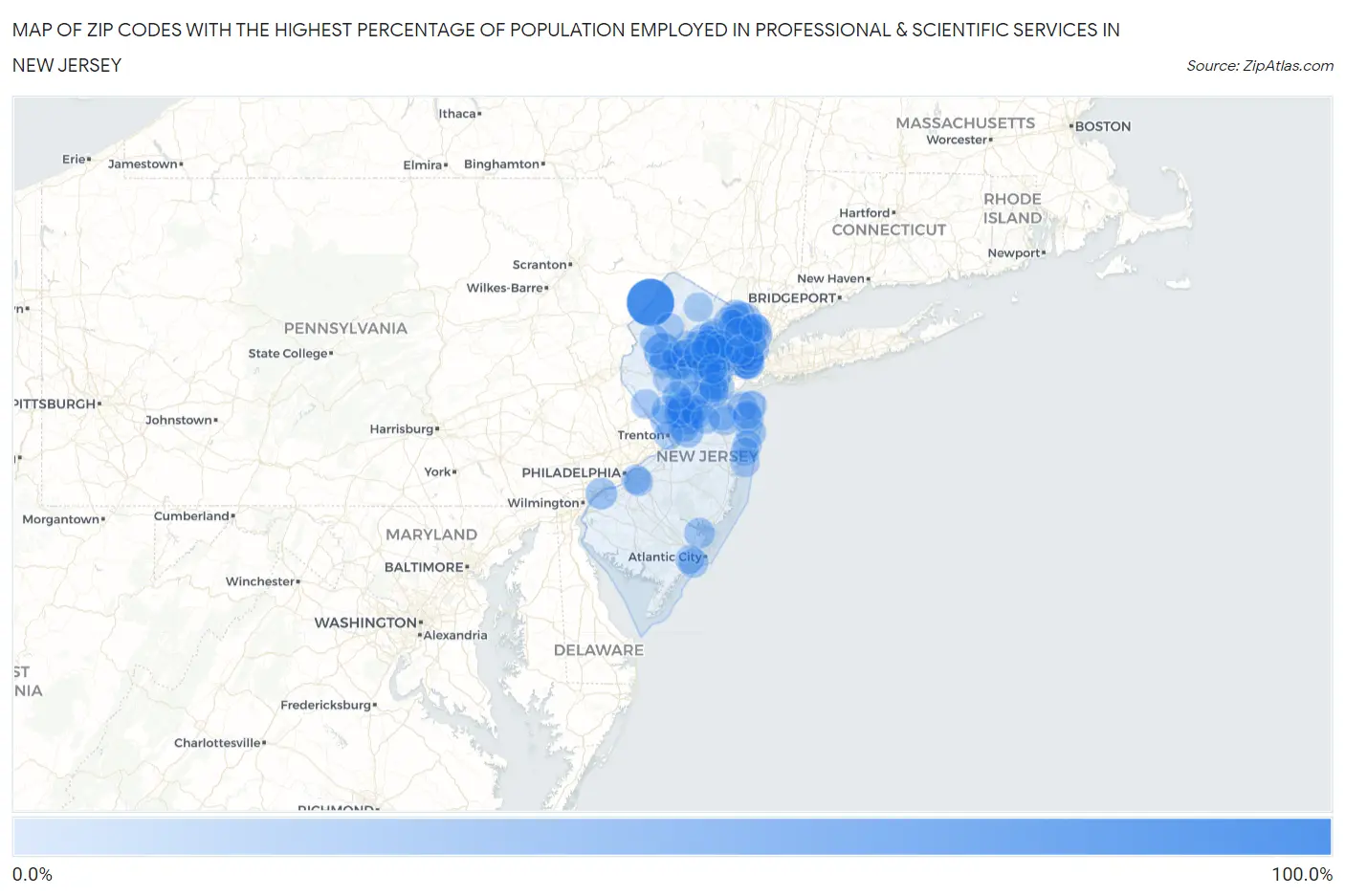 Zip Codes with the Highest Percentage of Population Employed in Professional & Scientific Services in New Jersey Map