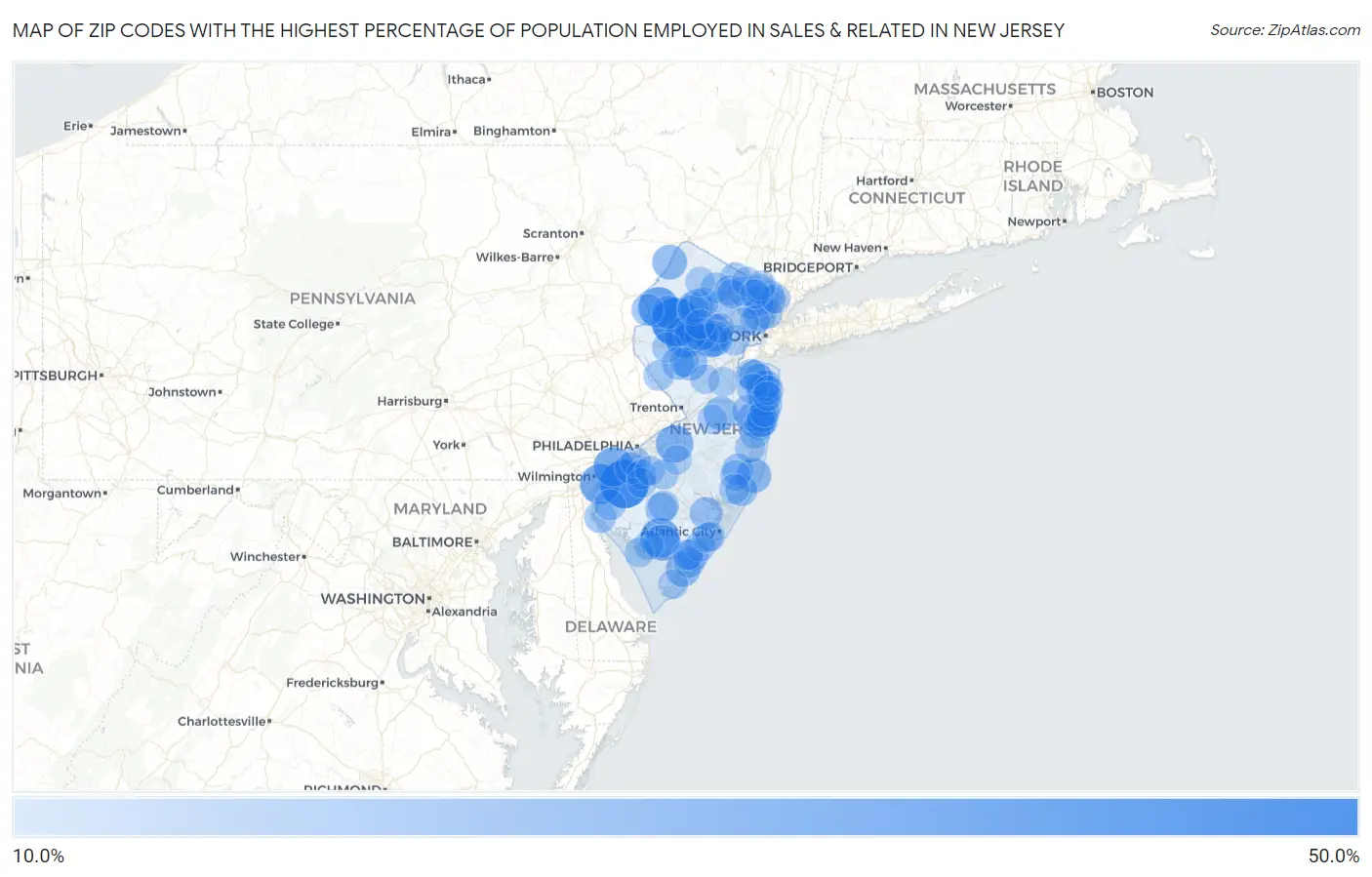 Zip Codes with the Highest Percentage of Population Employed in Sales & Related in New Jersey Map