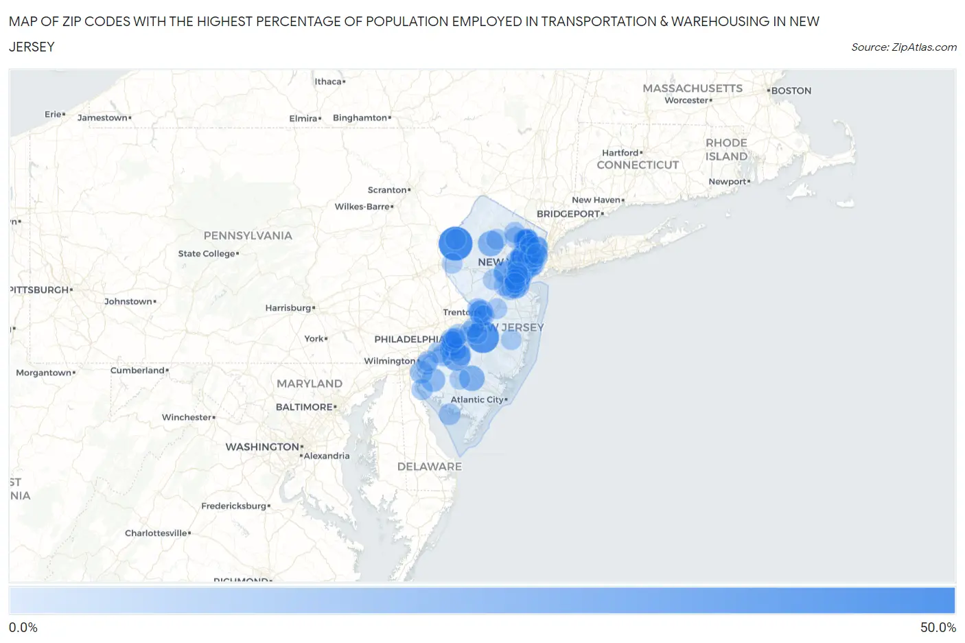 Zip Codes with the Highest Percentage of Population Employed in Transportation & Warehousing in New Jersey Map