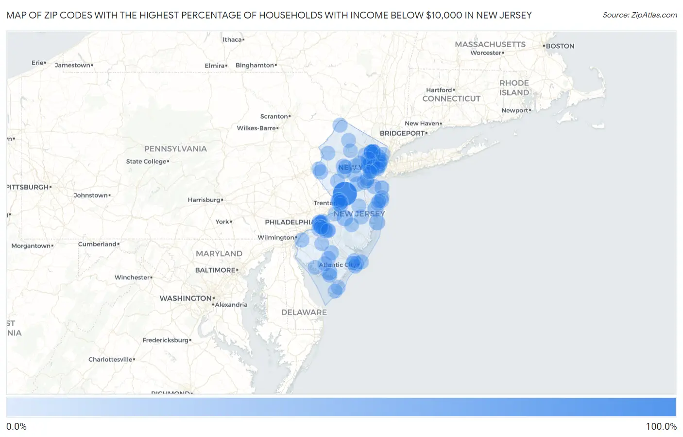 Zip Codes with the Highest Percentage of Households with Income Below $10,000 in New Jersey Map