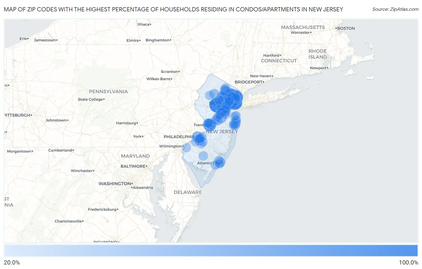 Zip Codes with the Highest Percentage of Households Residing in Condos/Apartments in New Jersey Map