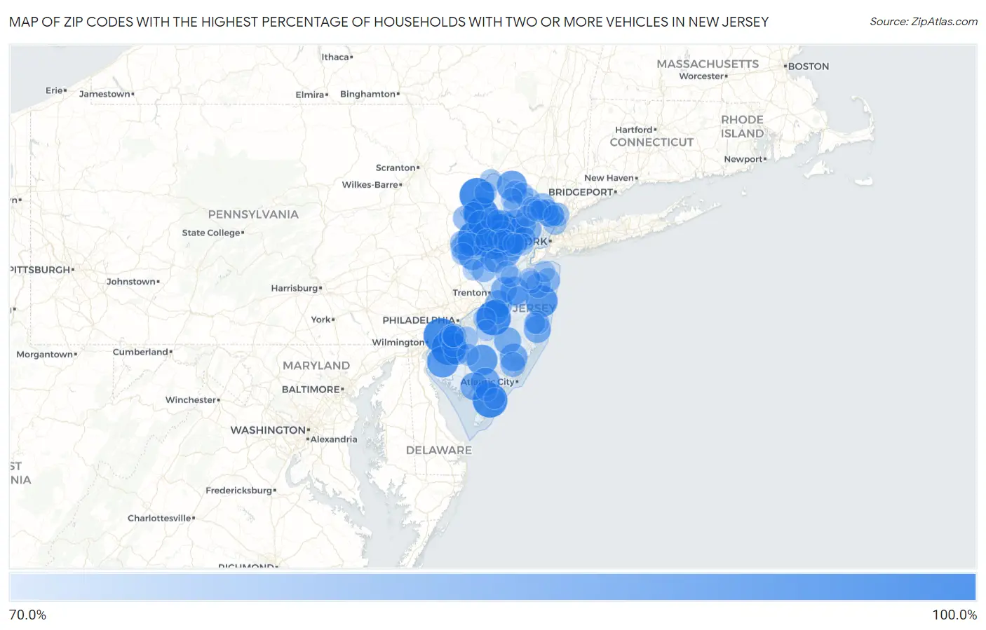 Zip Codes with the Highest Percentage of Households With Two or more Vehicles in New Jersey Map