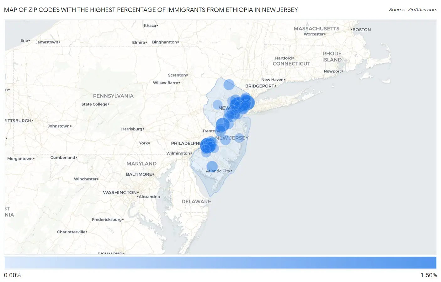 Zip Codes with the Highest Percentage of Immigrants from Ethiopia in New Jersey Map
