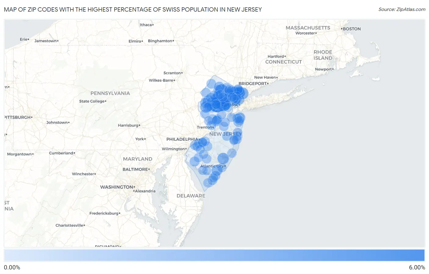 Zip Codes with the Highest Percentage of Swiss Population in New Jersey Map