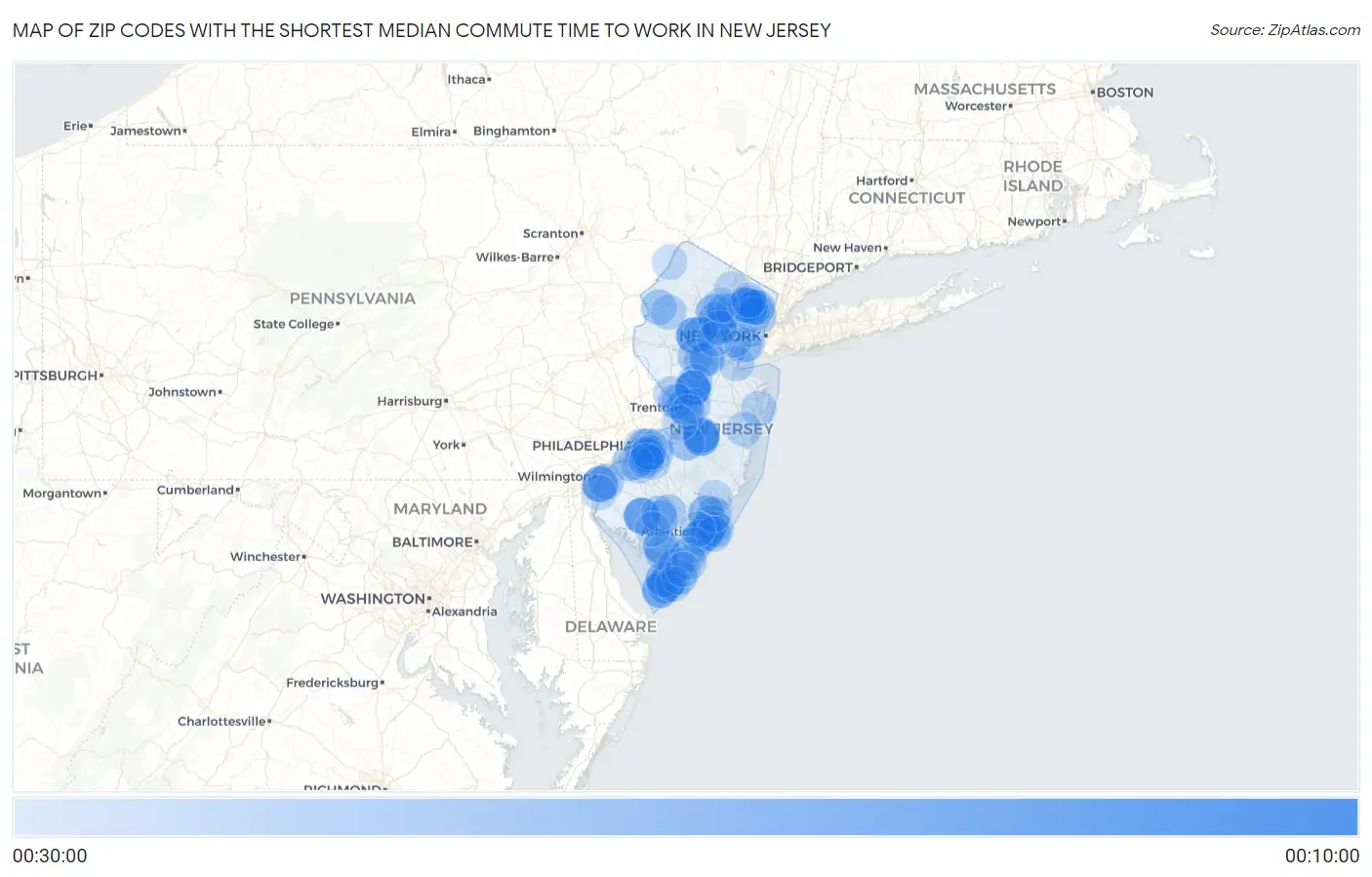 Zip Codes with the Shortest Median Commute Time to Work in New Jersey Map