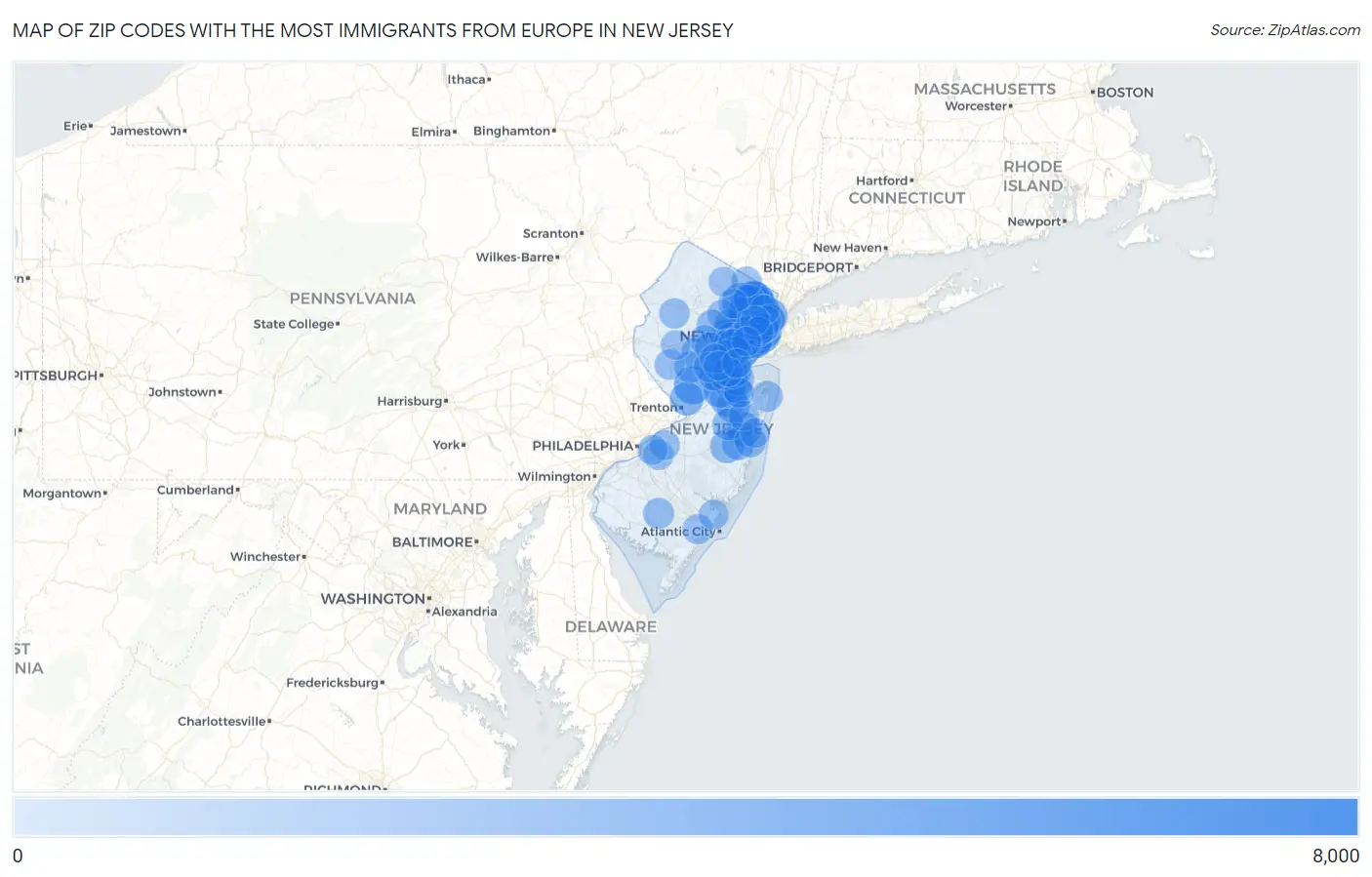Zip Codes with the Most Immigrants from Europe in New Jersey Map