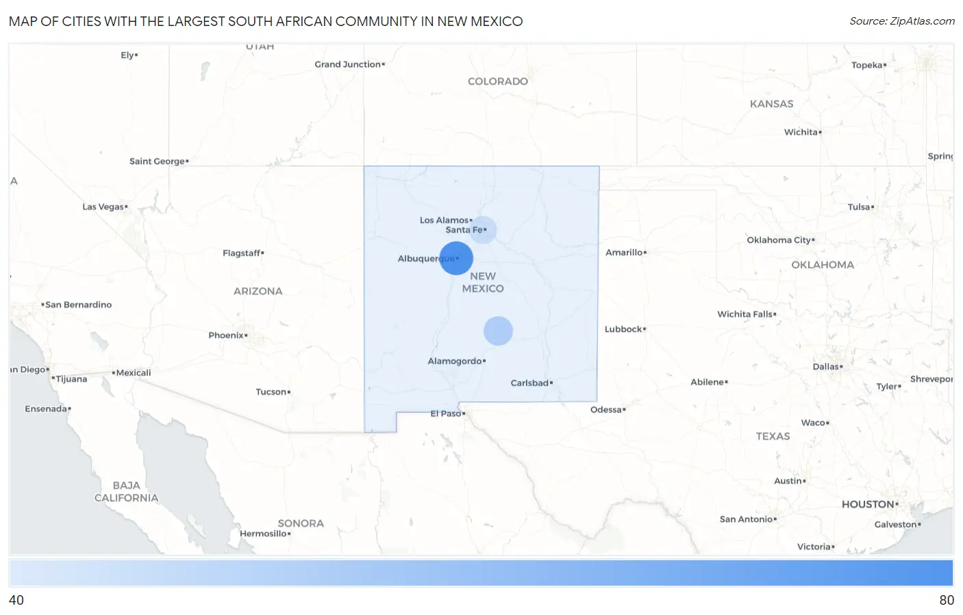 Cities with the Largest South African Community in New Mexico Map