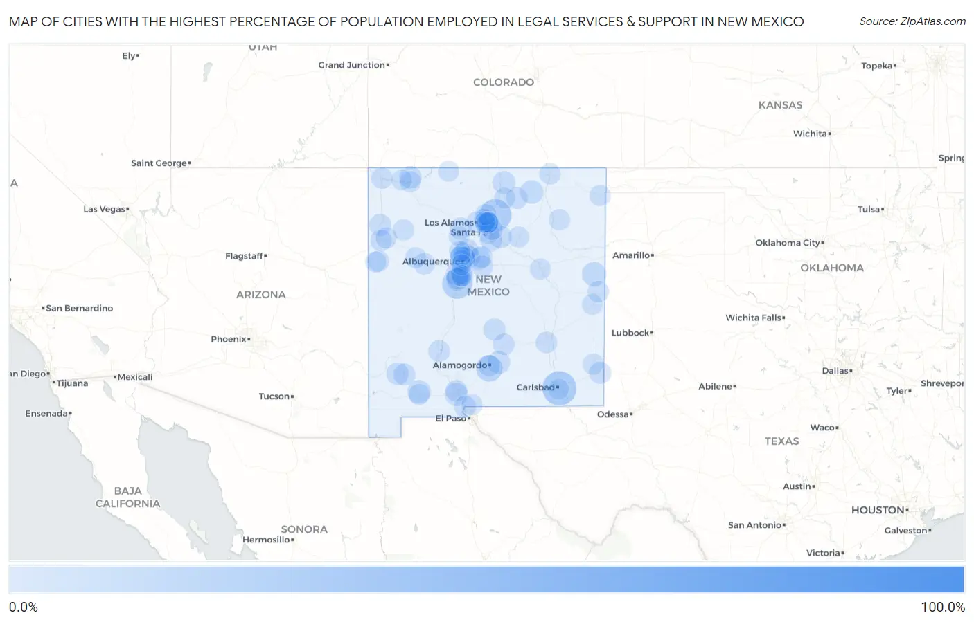 Cities with the Highest Percentage of Population Employed in Legal Services & Support in New Mexico Map