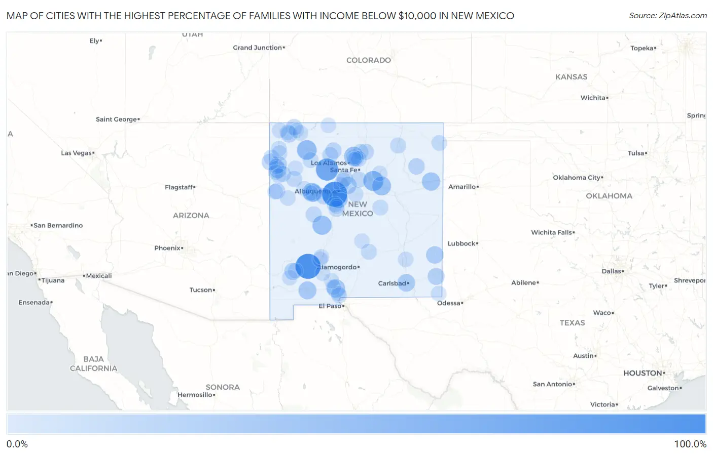 Cities with the Highest Percentage of Families with Income Below $10,000 in New Mexico Map