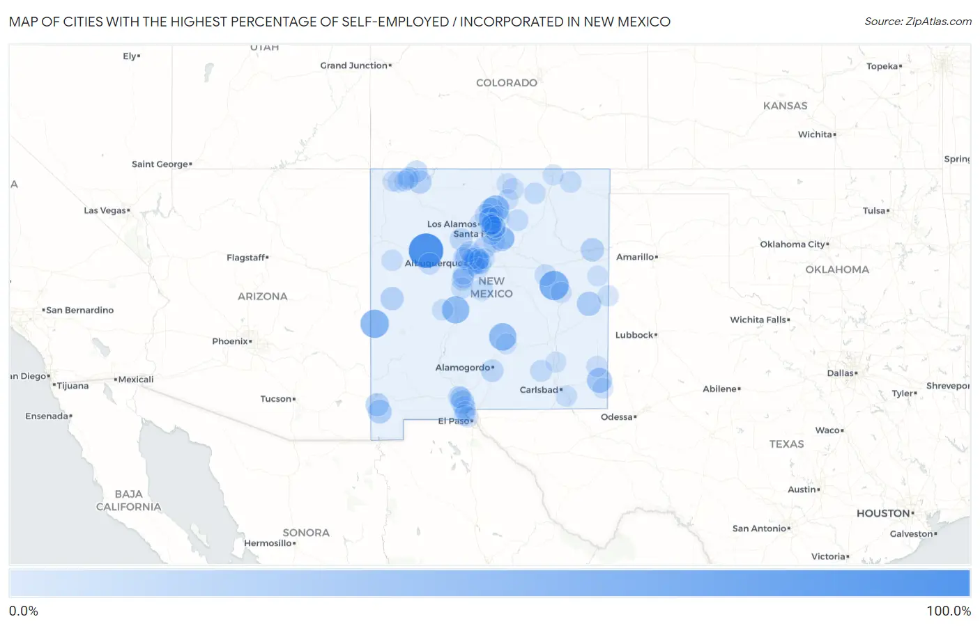 Cities with the Highest Percentage of Self-Employed / Incorporated in New Mexico Map
