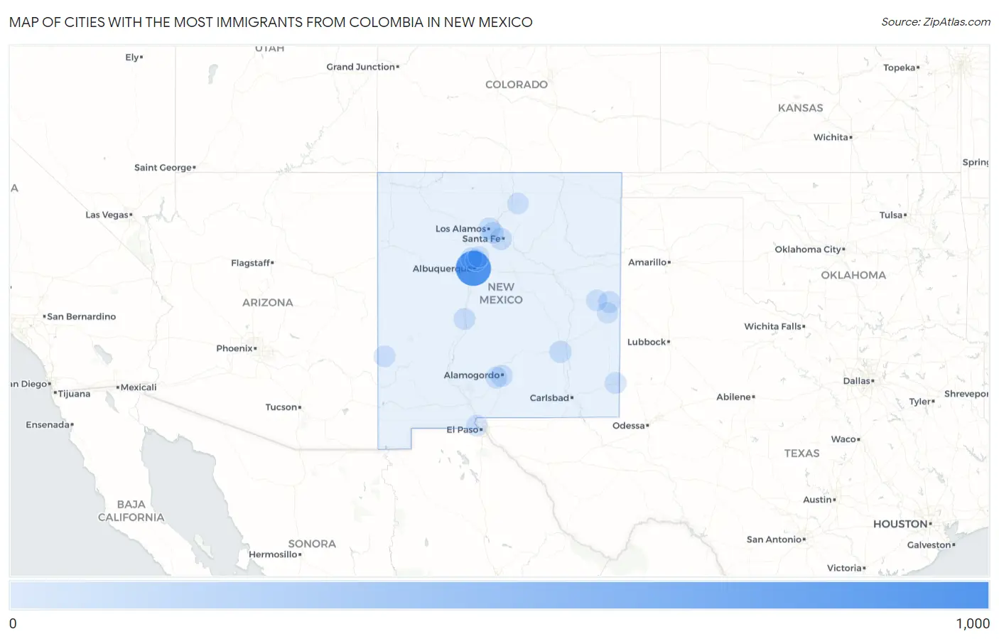 Cities with the Most Immigrants from Colombia in New Mexico Map