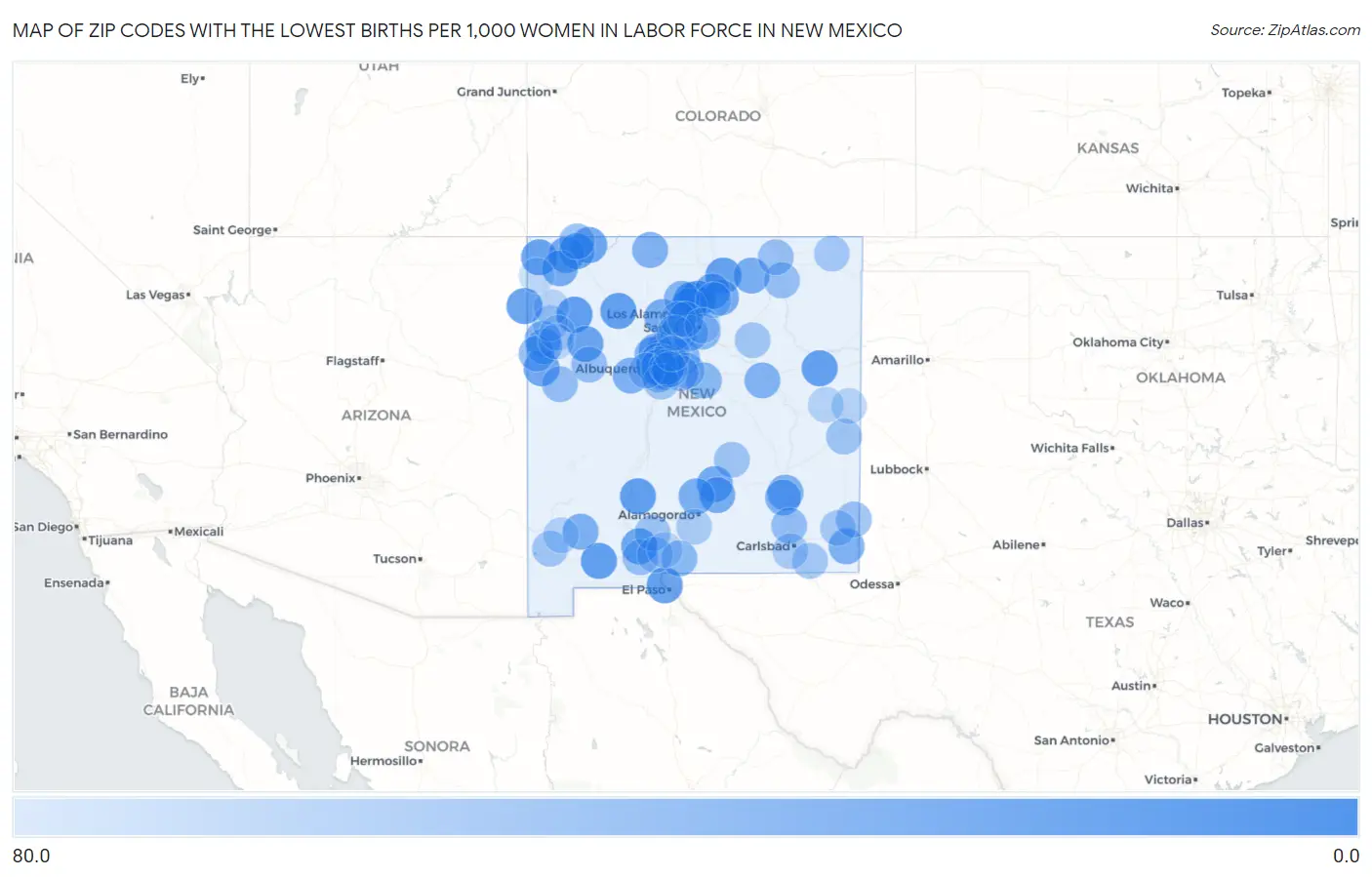 Zip Codes with the Lowest Births per 1,000 Women in Labor Force in New Mexico Map