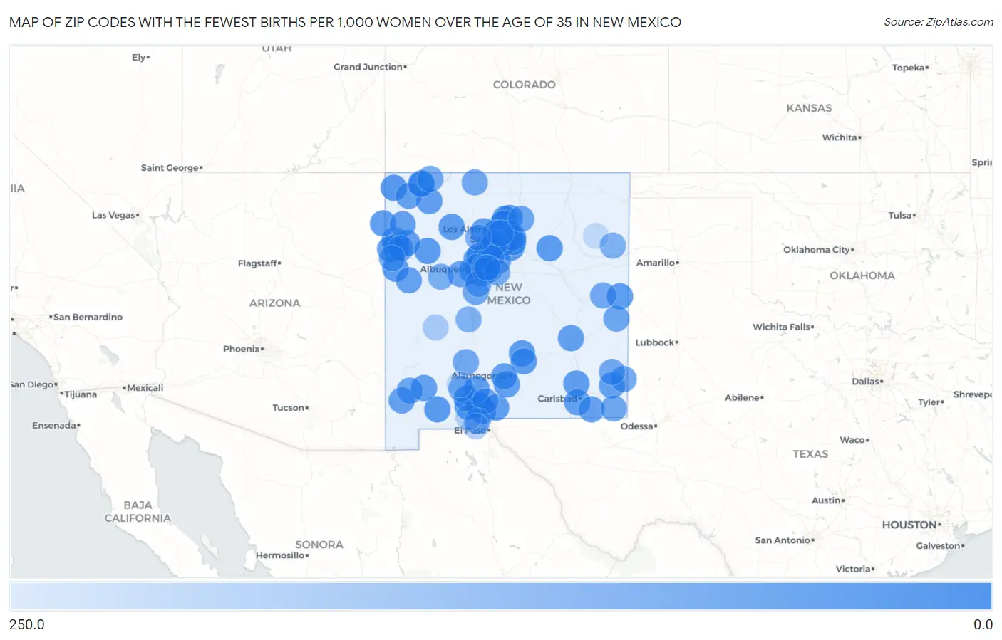 Zip Codes with the Fewest Births per 1,000 Women Over the Age of 35 in New Mexico Map