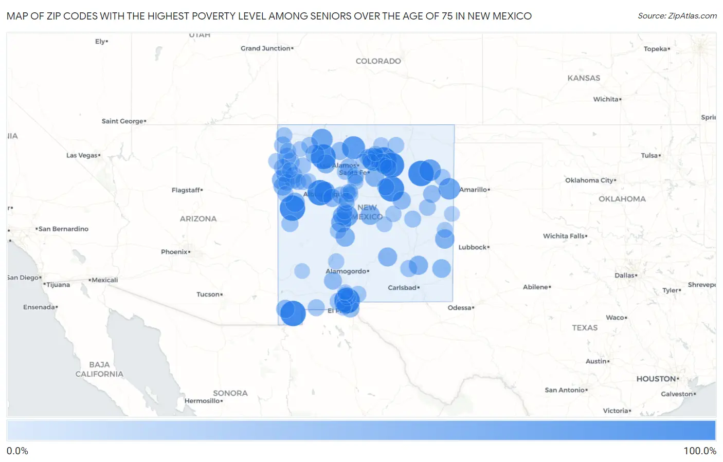 Zip Codes with the Highest Poverty Level Among Seniors Over the Age of 75 in New Mexico Map