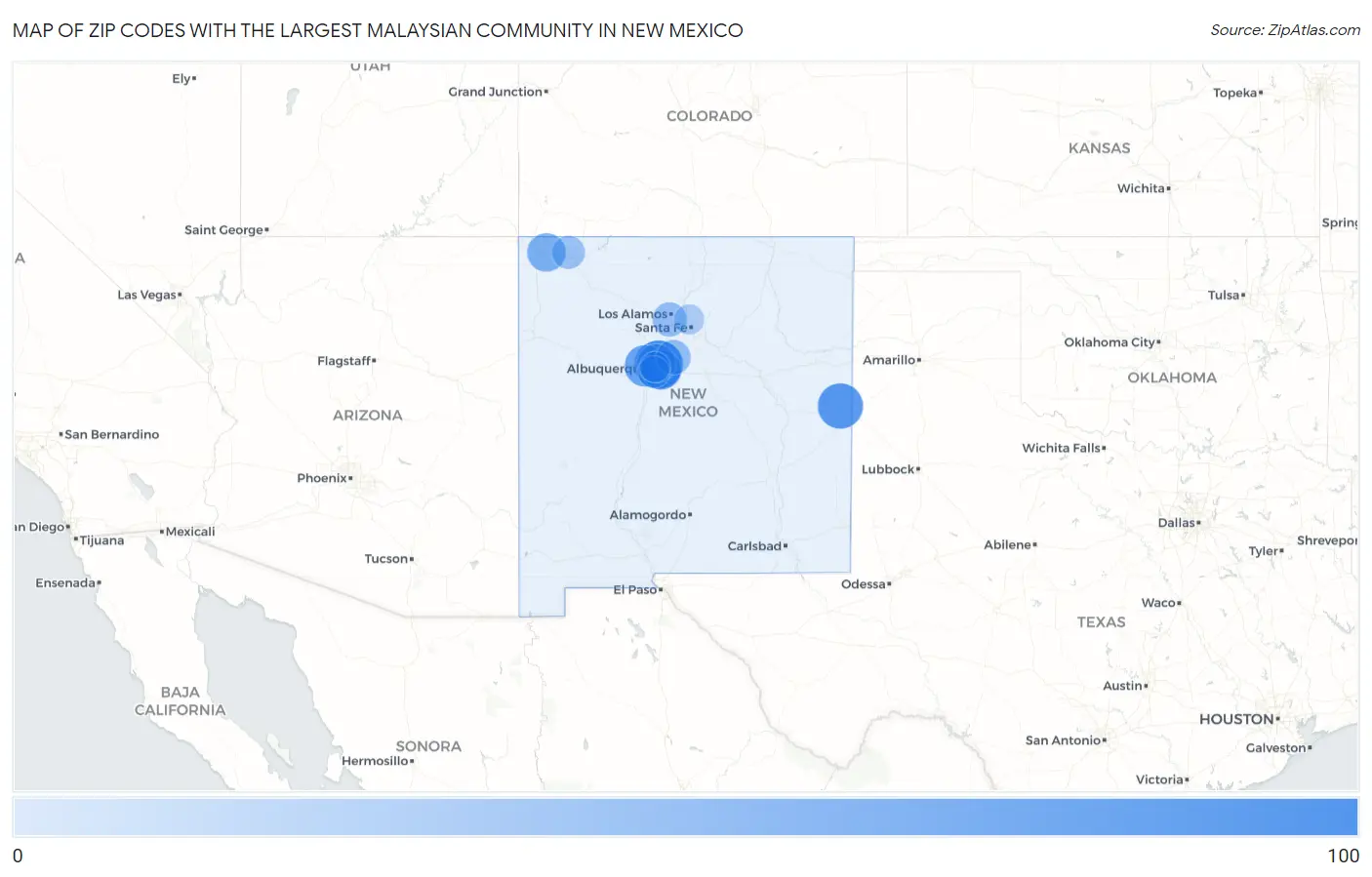 Zip Codes with the Largest Malaysian Community in New Mexico Map