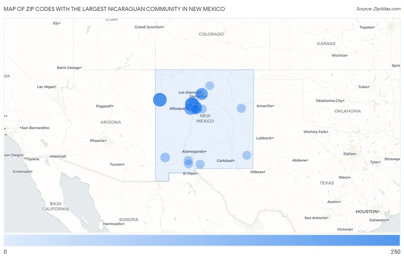 Zip Codes with the Largest Nicaraguan Community in New Mexico Map