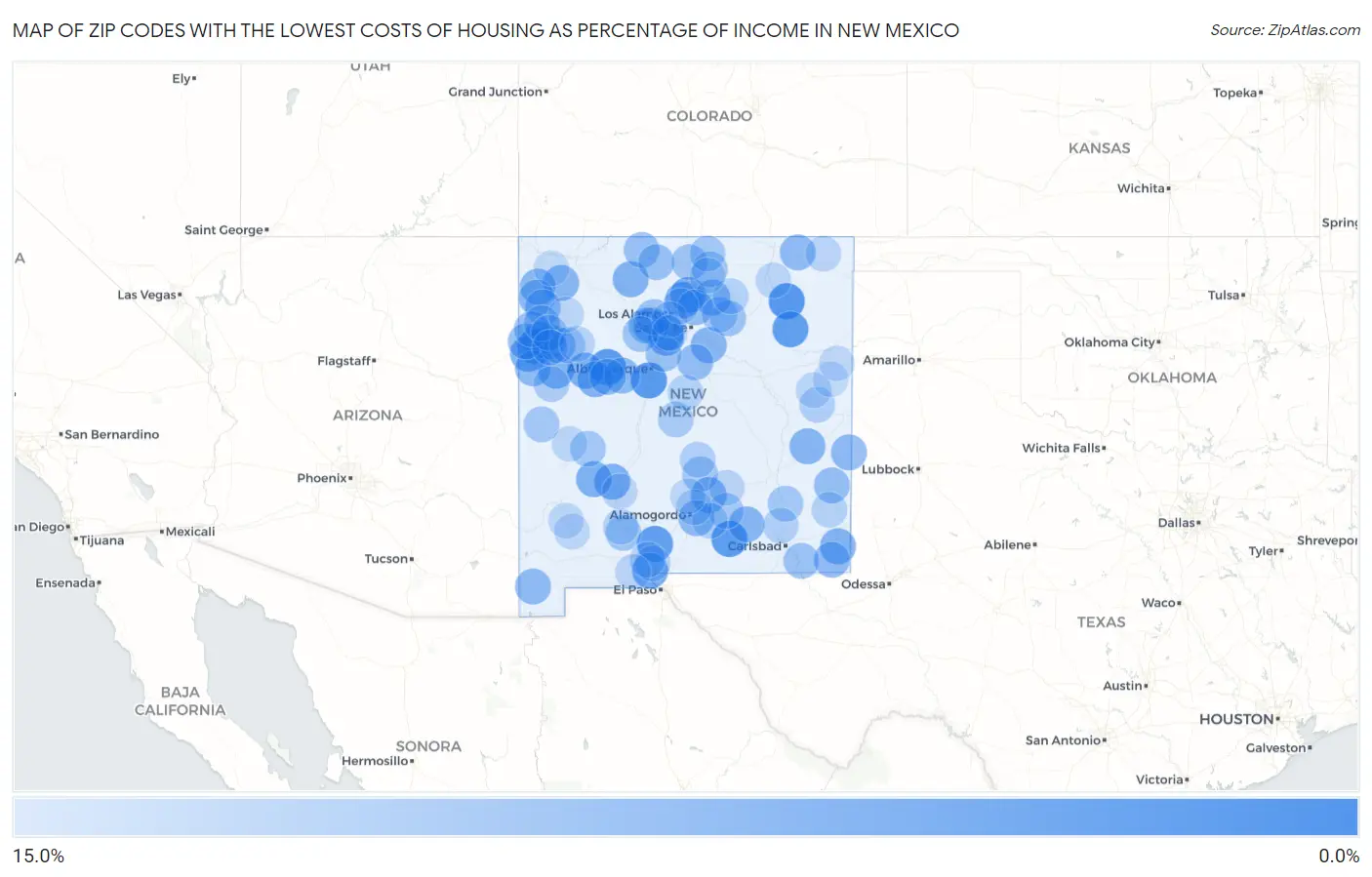 Zip Codes with the Lowest Costs of Housing as Percentage of Income in New Mexico Map