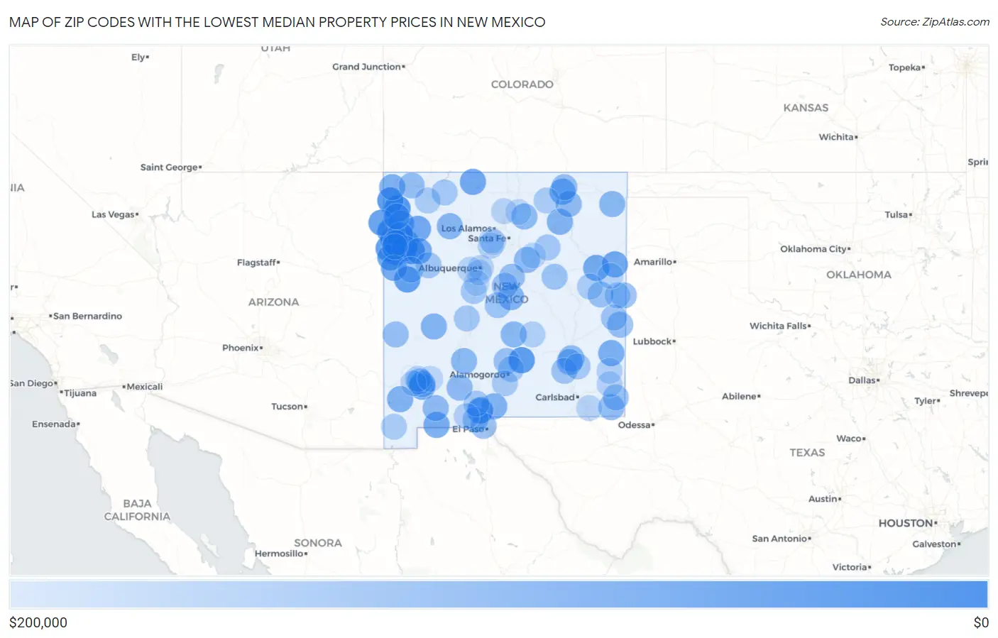 Zip Codes with the Lowest Median Property Prices in New Mexico Map