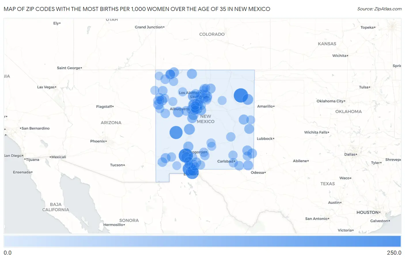 Zip Codes with the Most Births per 1,000 Women Over the Age of 35 in New Mexico Map