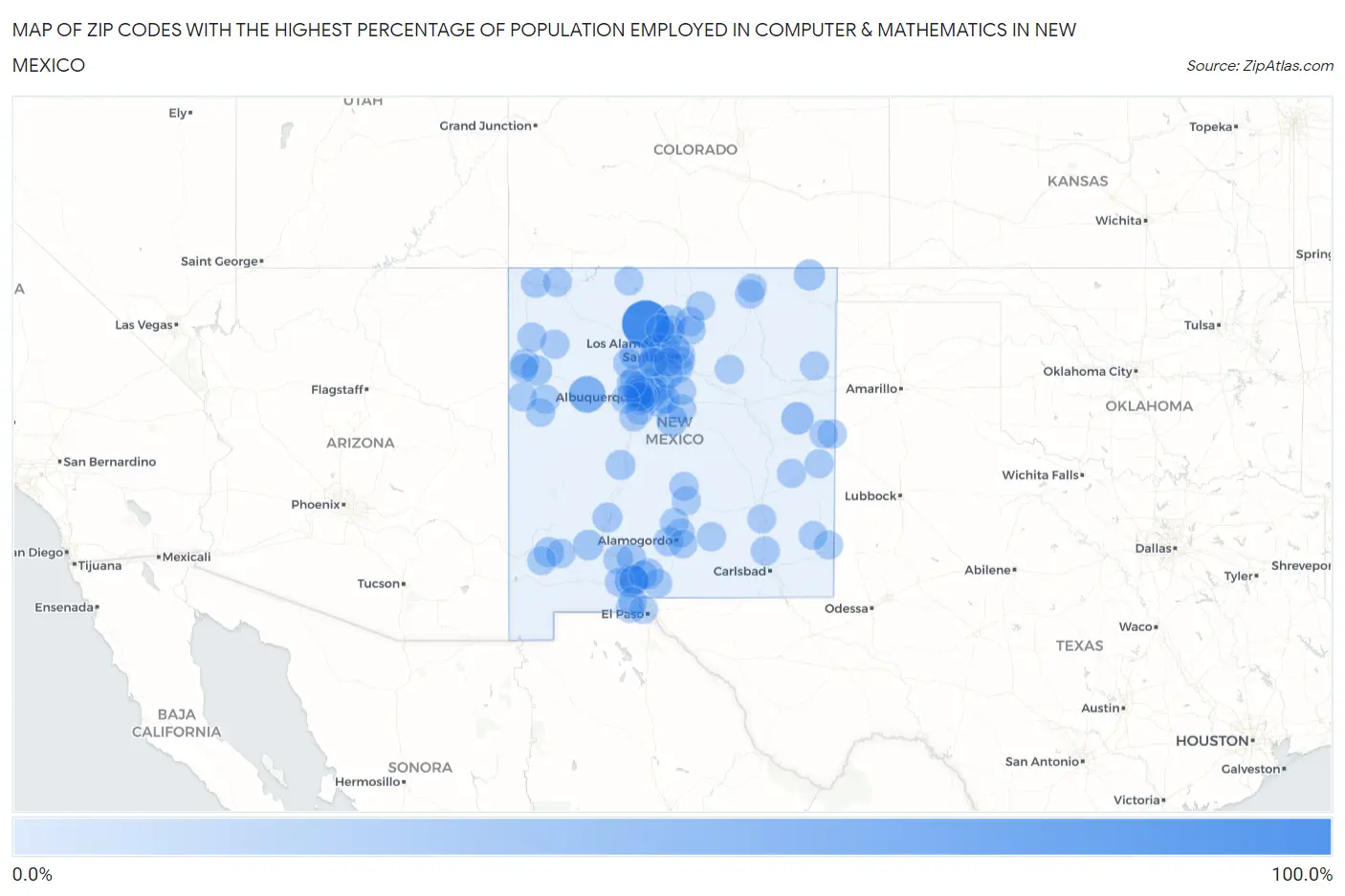 Zip Codes with the Highest Percentage of Population Employed in Computer & Mathematics in New Mexico Map