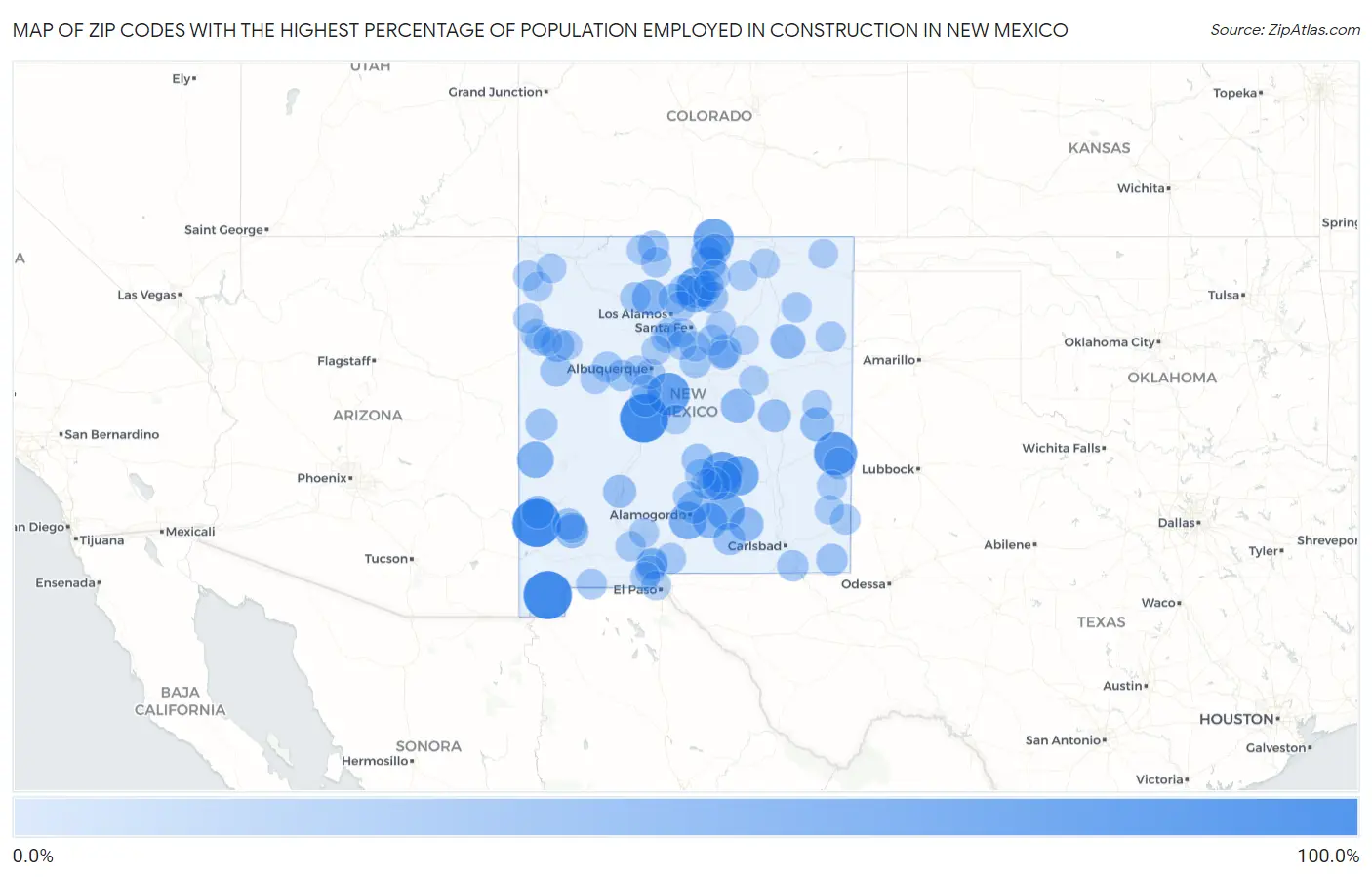 Zip Codes with the Highest Percentage of Population Employed in Construction in New Mexico Map