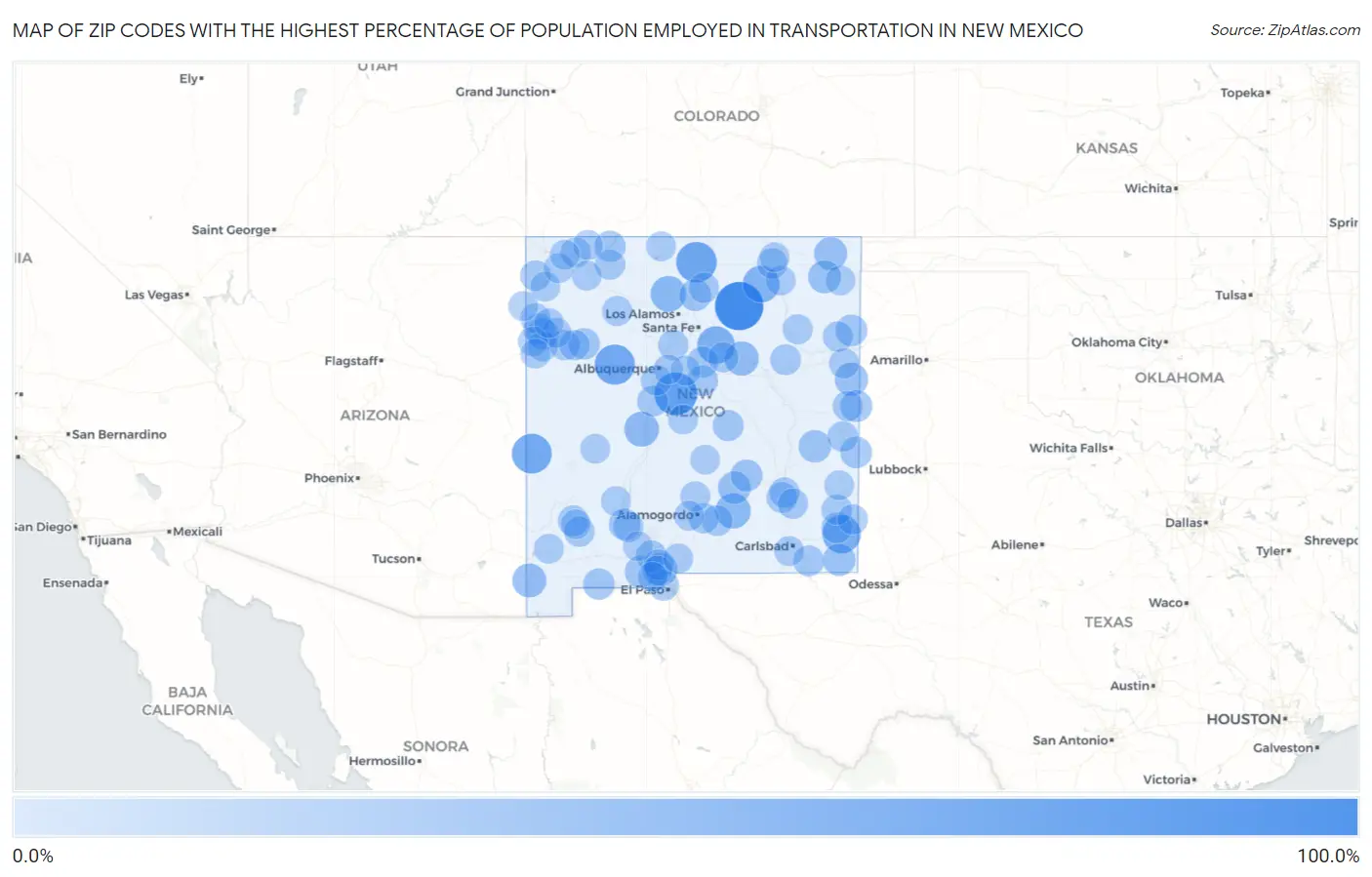 Zip Codes with the Highest Percentage of Population Employed in Transportation in New Mexico Map